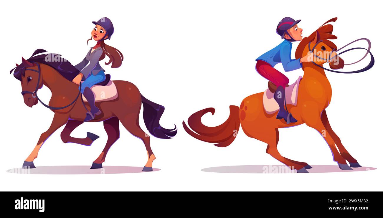 Cavalier homme et femme en casque et uniformes. Illustration vectorielle de dessin animé de l'école équestre et du sport de cheval de course avec homme et femme jockey dans l'équipement tour sur animal en selle avec bride Illustration de Vecteur