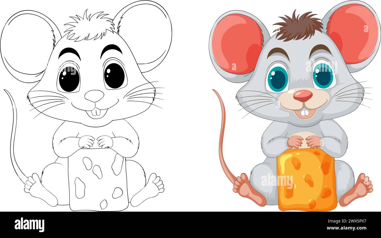 Deux illustrations de souris mignonnes, une tenant du fromage. Illustration de Vecteur