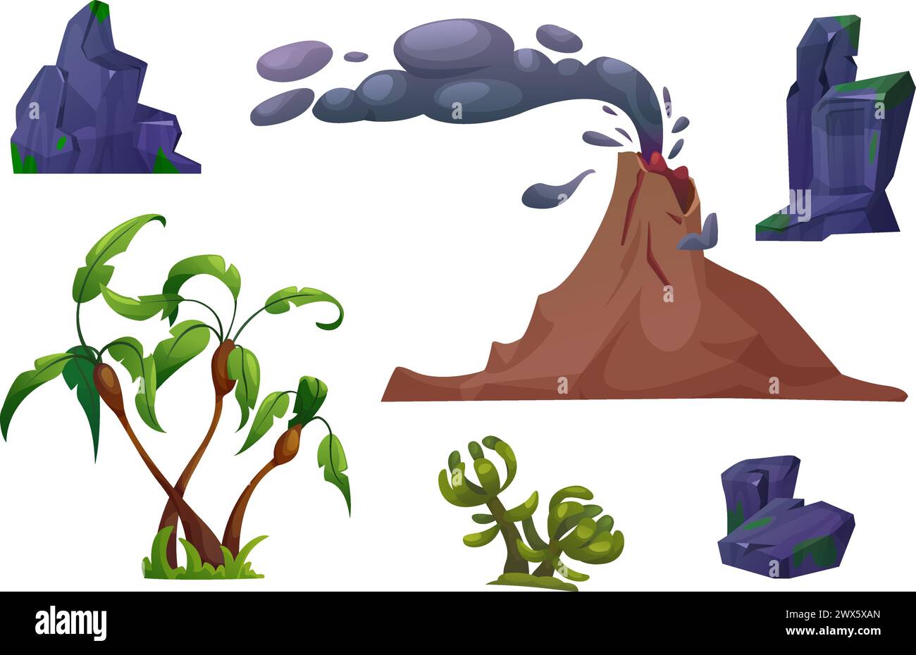 Éruption volcanique avec montagne volcanique active avec nuage de fumée de gaz , rochers, palmiers et plantes pour la création de paysage préhistorique. Dessin animé v Illustration de Vecteur