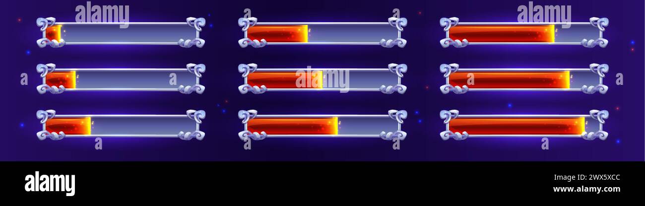 Étapes de chargement de barre de progression avec cadre métallique décoré fleuri avec chargeur linéaire rouge néon pour la conception de l'interface utilisateur du jeu. Ensemble d'illustration vectorielle de dessin animé Illustration de Vecteur