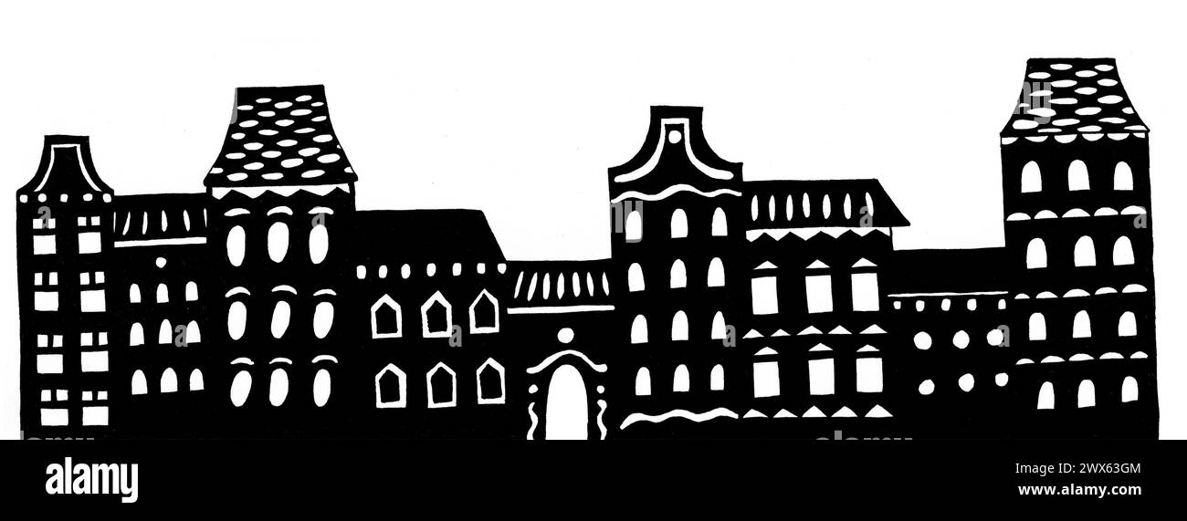 Panorama de la vieille ville. Silhouettes noires de maisons sur fond blanc. Les fenêtres et les détails architecturaux sont dessinés avec des lignes blanches et des formes géométriques. Stylisme. Europe. Style d'impression. Banque D'Images
