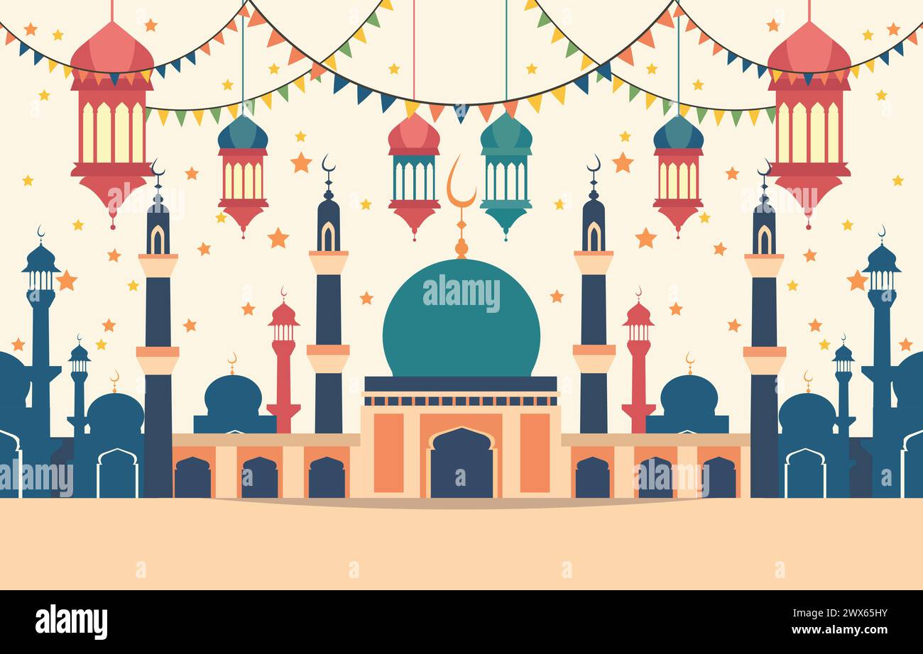 Carte Mosquée and Lantern Islamic Eid Al Fitr Festival Illustration de Vecteur