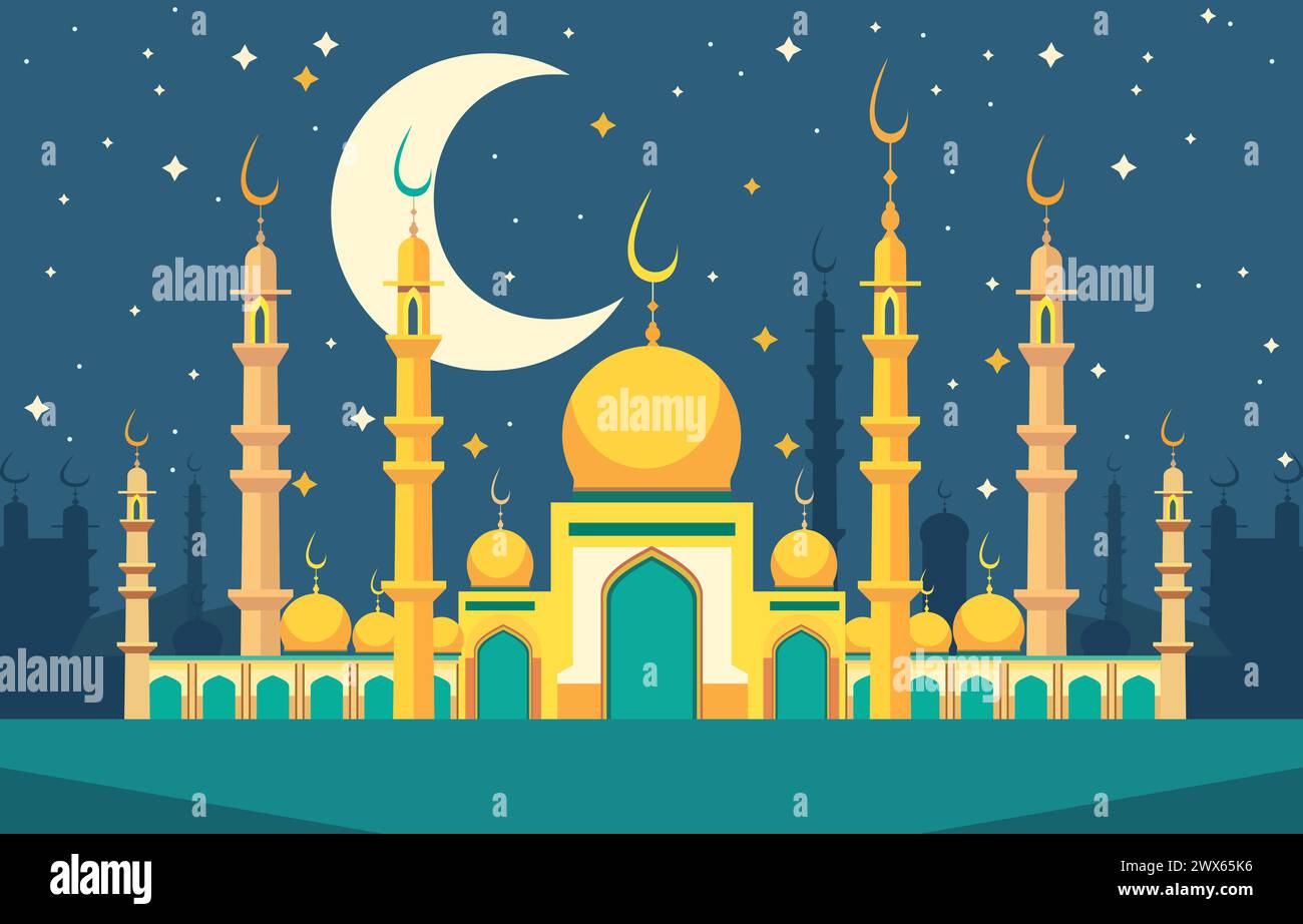 Carte pour le festival islamique Mosquée et Big Crescent Moon at Night Sky Illustration de Vecteur