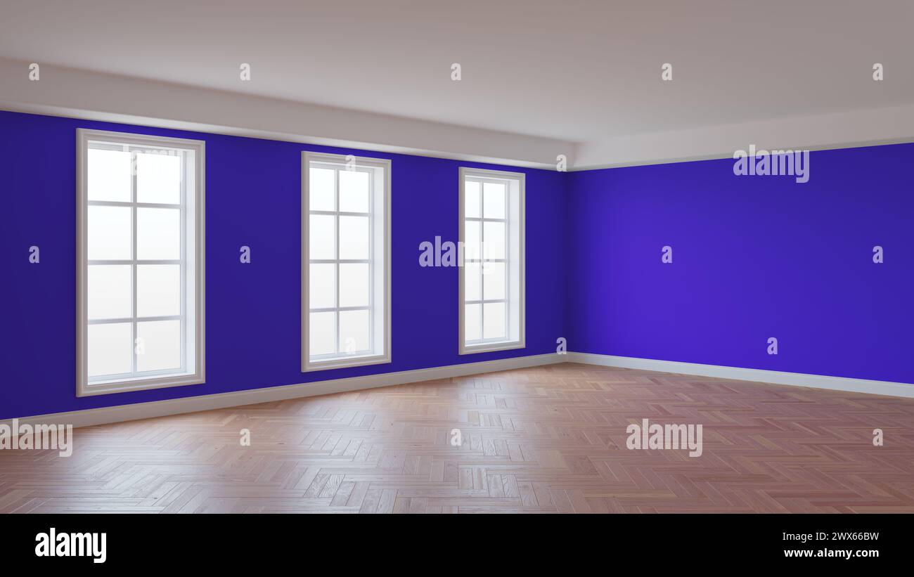 Intérieur vide de la chambre avec murs en stuc violet, trois grandes fenêtres, parquet brillant à chevrons et un socle blanc. Concept de l'intérieur non meublé. Rendu 3D, Ultra HD 8K, 7680x4320 Banque D'Images