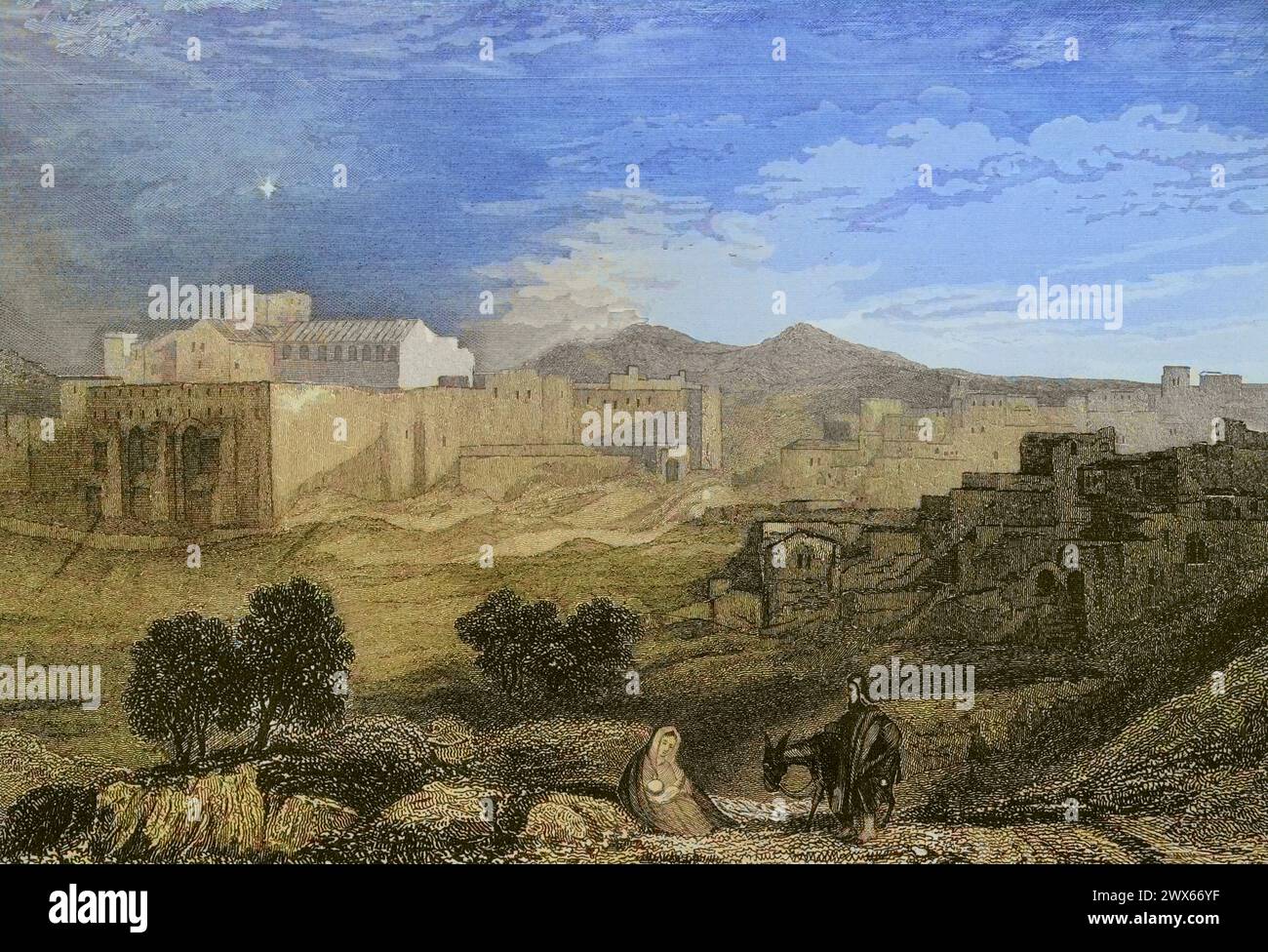 Bethléem. Vue générale. Gravure par Aubert. Coloration ultérieure. 'La Tierra Santa y los lugares recorridos por los profetas, por los apóstoles y por los cruzados' (Terre Sainte et lieux traversés par les prophètes, les apôtres et les croisés). Publié à Barcelone par l'imprimerie Joaquin Verdaguer, 1840. Banque D'Images