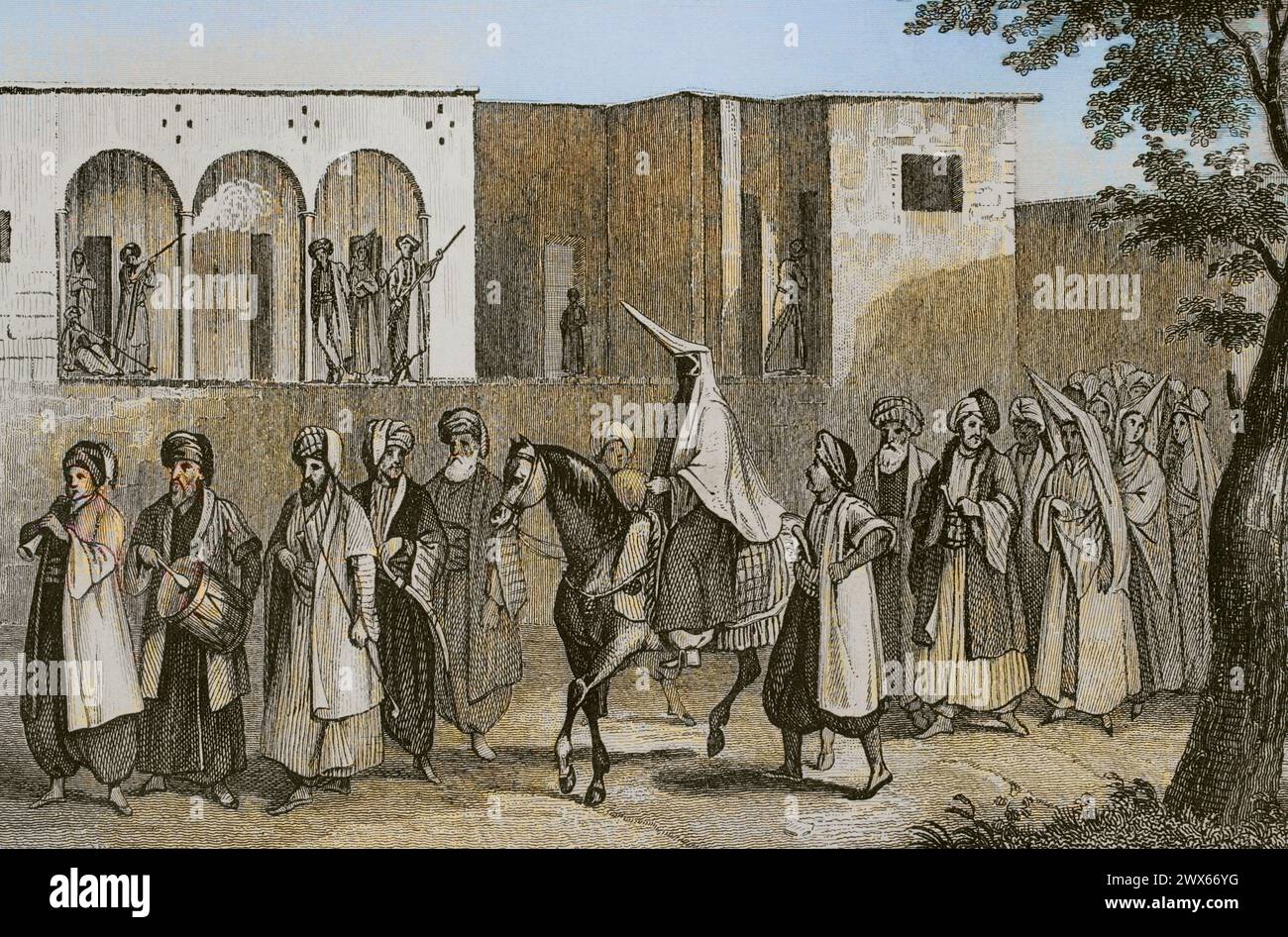 Mariage d'un jeune prince druze. La suite de la princesse à Nahr el-Kelb. marche de mariage au Mont Liban. Gravure par Ransonnette. Coloration ultérieure. 'La Tierra Santa y los lugares recorridos por los profetas, por los apóstoles y por los cruzados' (Terre Sainte et lieux traversés par les prophètes, les apôtres et les croisés). Publié à Barcelone par l'imprimerie Joaquin Verdaguer, 1840. Banque D'Images