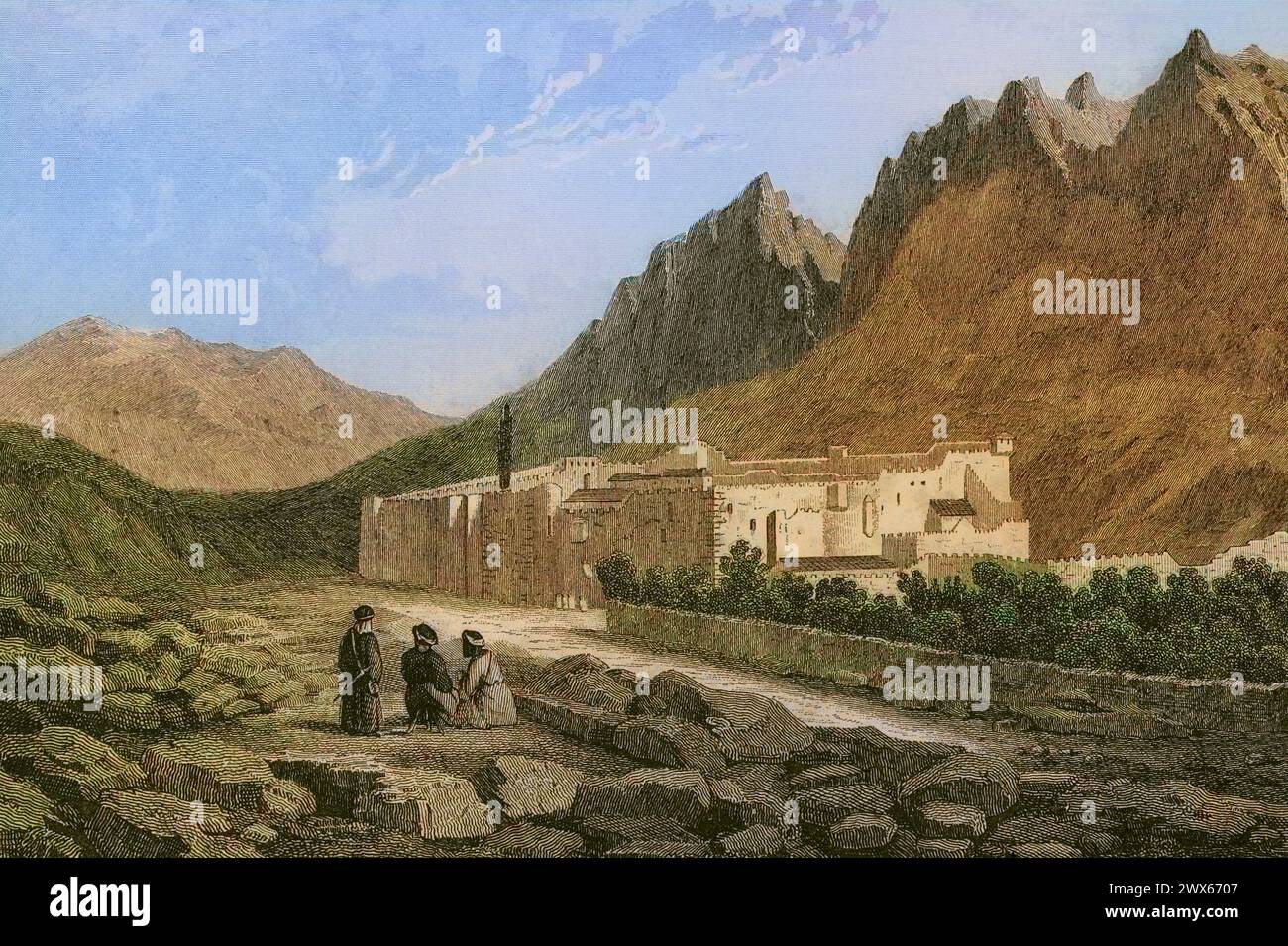 Monastère Sainte Catherine. Situé au pied du mont Sinaï. Gravure par Ransonnette. Coloration ultérieure. 'La Tierra Santa y los lugares recorridos por los profetas, por los apóstoles y por los cruzados' (Terre Sainte et lieux traversés par les prophètes, les apôtres et les croisés). Publié à Barcelone par l'imprimerie Joaquin Verdaguer, 1840. Banque D'Images