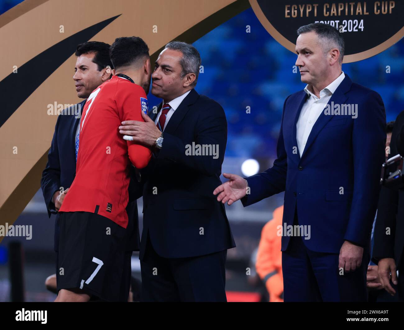 LE CAIRE, EGYPTE - MARS 26 : Trezeguet d'Egypte et Président de la FA croate, lors du match FIFA Series 2024 Egypte entre la Croatie et l'Egypte au New ADM Banque D'Images