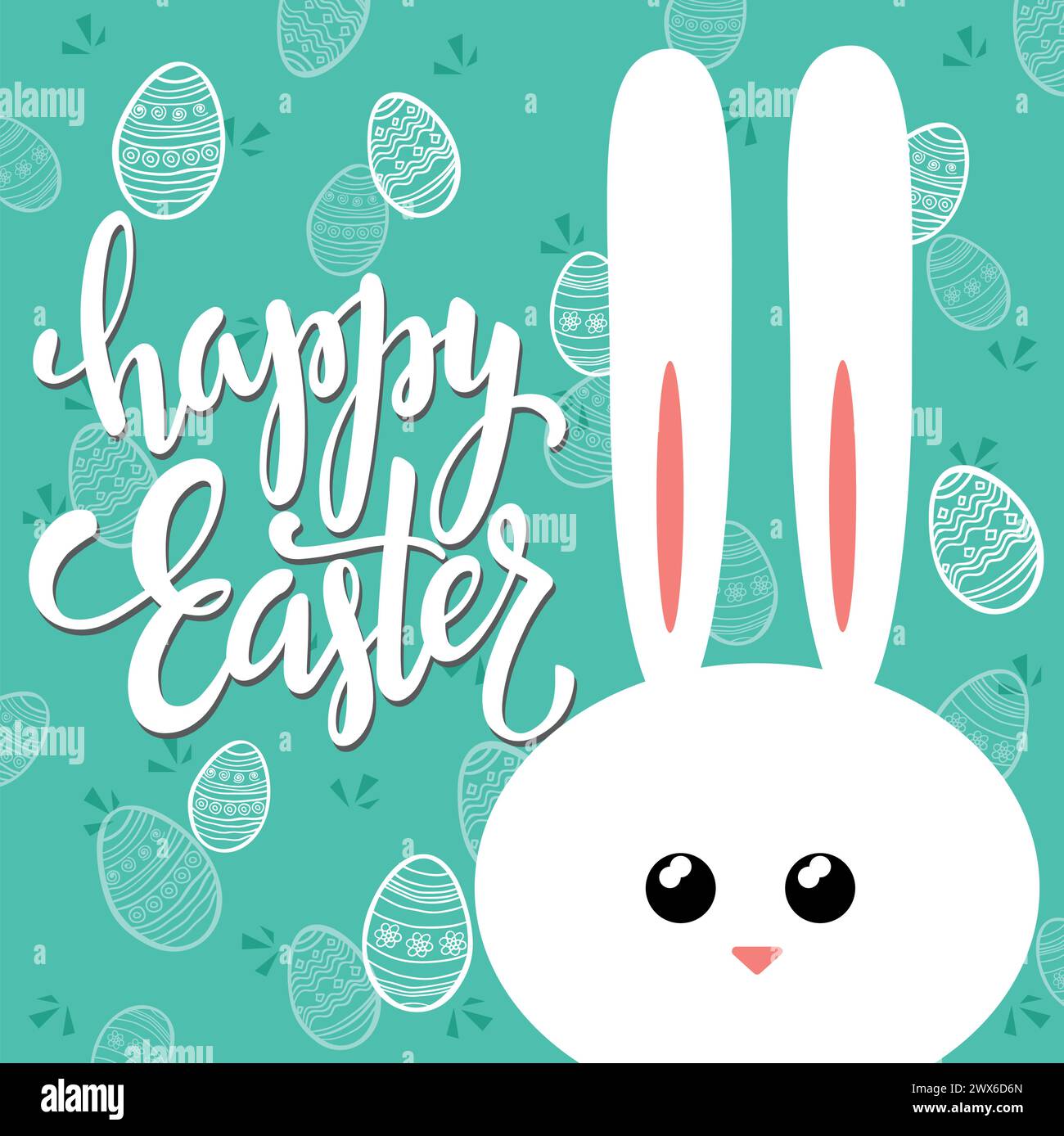 Carte de voeux colorée joyeuse de Pâques avec lapin mignon, œufs et fond bleu. Illustration de Vecteur