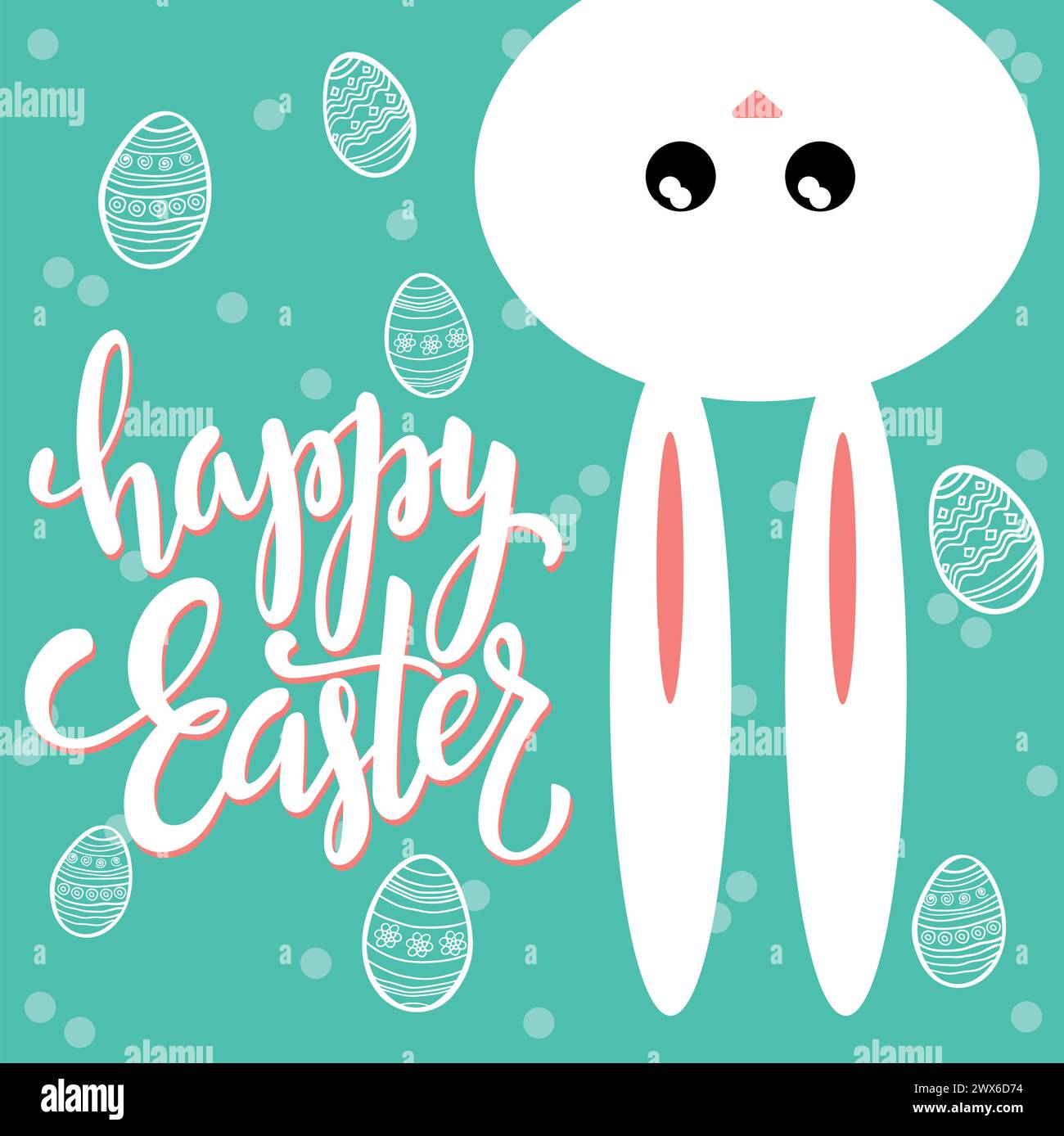 Carte de voeux colorée joyeuse de Pâques avec lapin mignon, œufs et fond bleu. Illustration de Vecteur