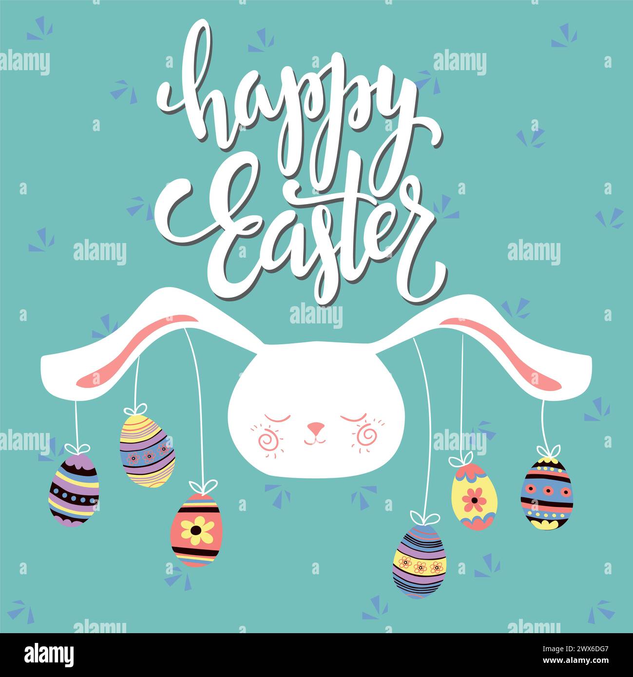 Carte de voeux colorée joyeuse de Pâques avec lapin mignon, œufs et fond bleu. Illustration de Vecteur