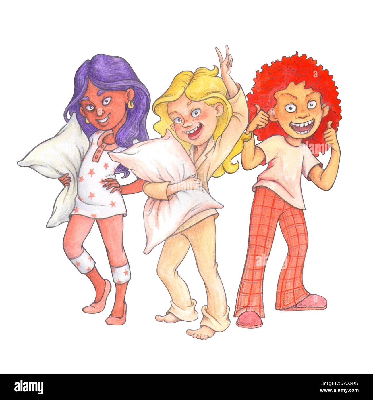 Groupe de jeunes filles pré-adolescentes riantes en pyjama avec des oreillers, se préparant pour une fête pj. Composition d'aquarelle isolée pour la conception de T-shirt, pyjama voiture de jour Banque D'Images
