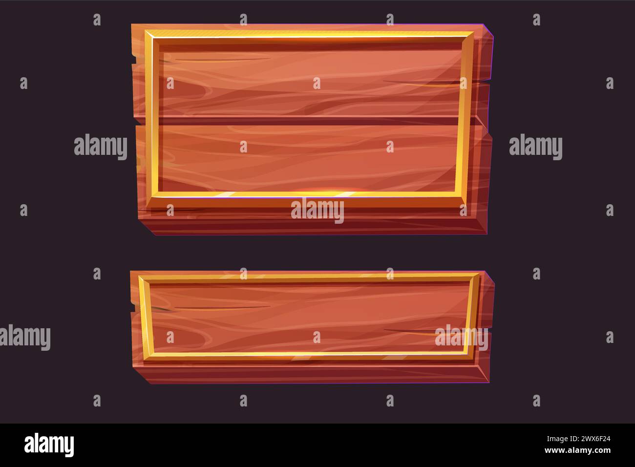 Cadre doré jeu de planche en bois menu médiéval, interface utilisateur frontière brillante. Frontières vides dans le style médiéval, décoration fantastique différentes formes isolées sur fond sombre. . Illustration vectorielle Illustration de Vecteur