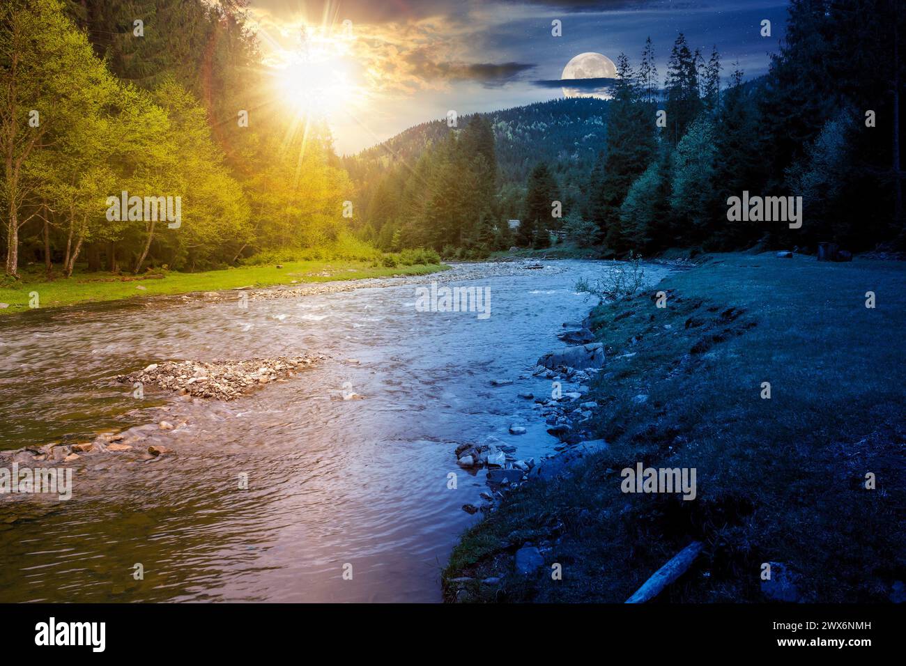 paysage montagneux avec rivière au solstice d'été. rivage boisé sous un ciel avec soleil et lune. concept de changement de jour et de nuit Banque D'Images