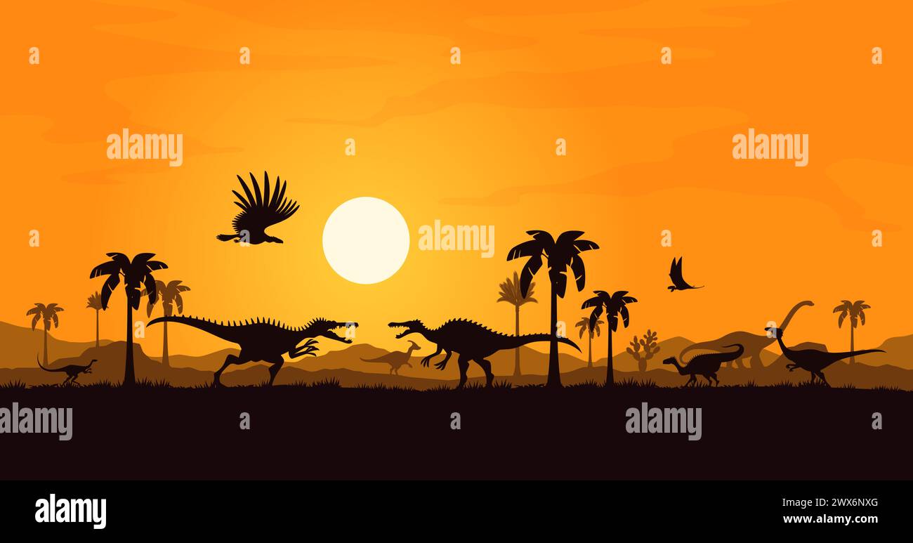Bataille de Spinosaurus, silhouettes de personnages de dinosaures au coucher du soleil. Personnages dinosaures majestueux préhistoriques vectoriels avec des marins distinctifs se heurtent à l'arrière-plan avec le ciel qui s'estompe, le soleil orange et les palmiers Illustration de Vecteur