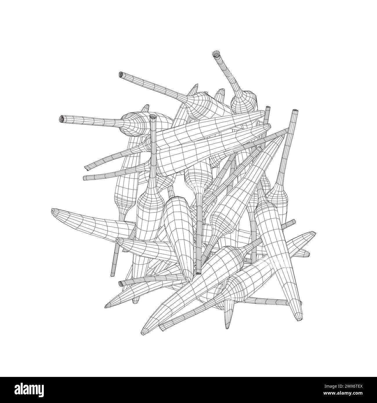 Filaire d'un bouquet de poivrons fait de lignes noires isolées sur un fond blanc. Illustration vectorielle. 3D.. Illustration de Vecteur