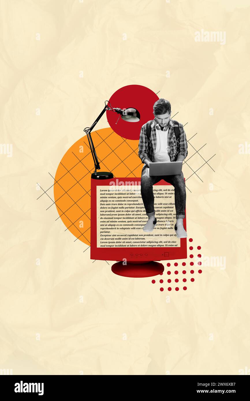 Collage de photos d'esquisse d'illustration composite d'un jeune étudiant assis près de la lampe de bureau sur un énorme écran d'ordinateur rouge rétro vintage avec du texte Banque D'Images
