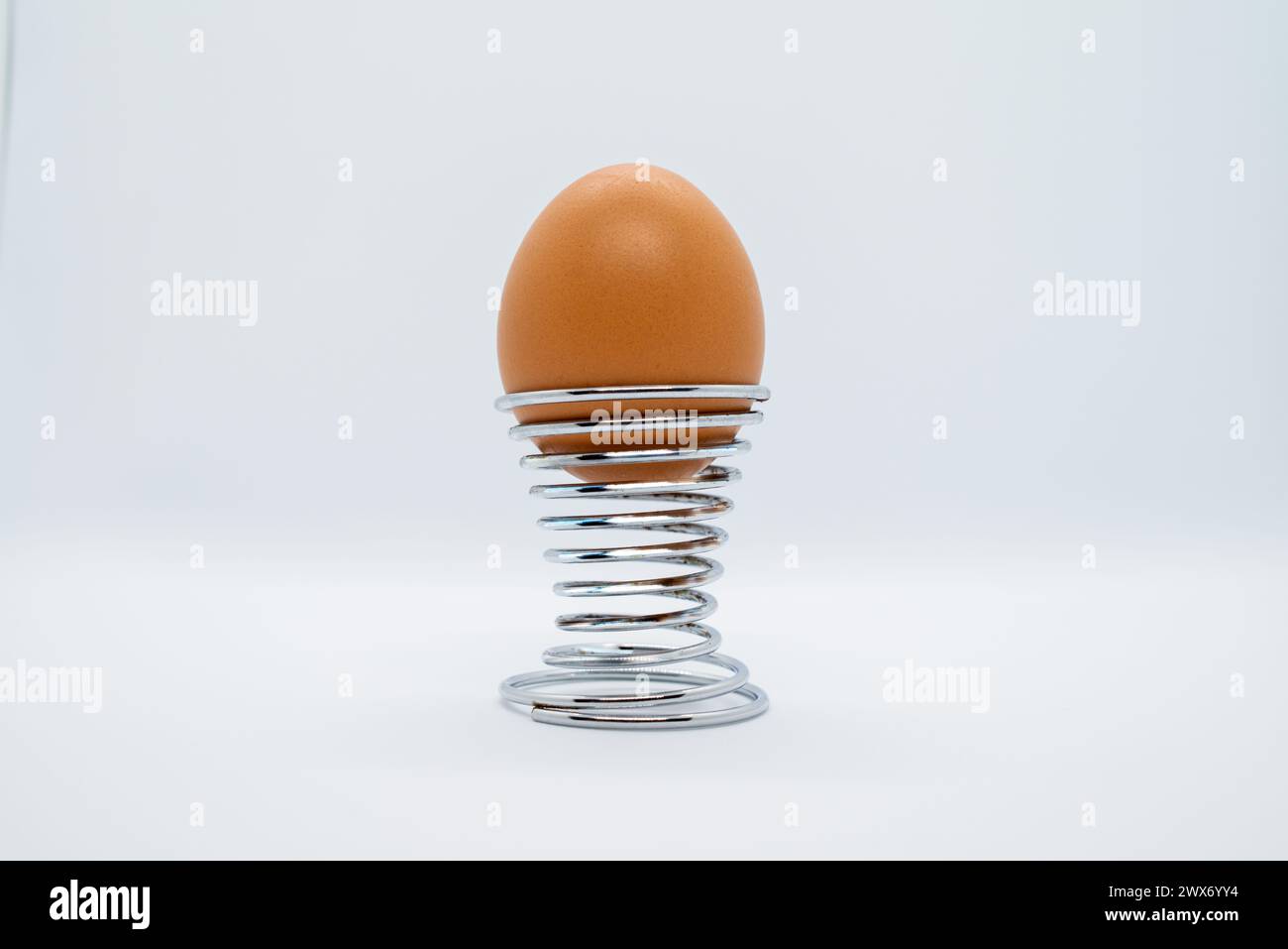 Un seul œuf biologique occupe le devant de la scène sur un fond blanc immaculé, incarnant l'essence culinaire de la fraîcheur et de la simplicité. Banque D'Images