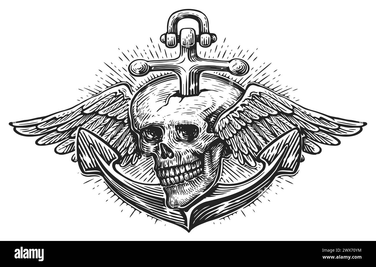 Ancre et crâne humain avec des ailes, style de gravure de croquis. Symbole de liberté, maritime. Illustration vectorielle vintage Illustration de Vecteur