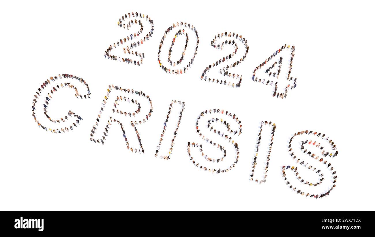 Concept ou communauté conceptuelle de personnes formant le message DE CRISE DE 2024. 3d illustration métaphore de la crise économique et financière , croissance lente, s Banque D'Images
