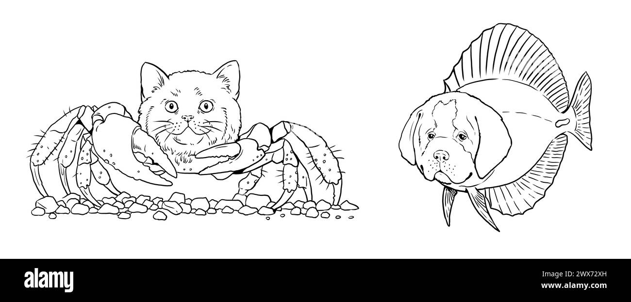 Coloriage avec les animaux mutants : crabe avec tête de chat et poisson avec tête de chien. Livre de coloriage avec des créatures fantastiques. Banque D'Images