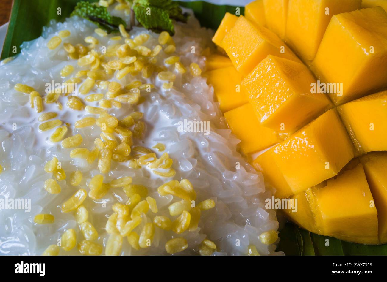 Mangue avec riz collant - dessert thaïlandais traditionnel à base de riz gluant, mangue fraîche et lait de coco Banque D'Images