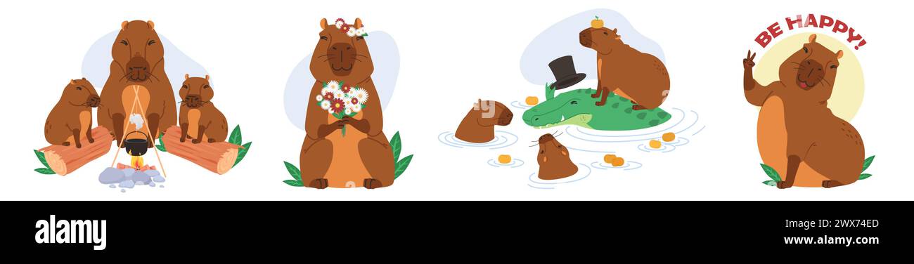 Personnages animaux mignons capybara avec différentes activités Illustration de Vecteur