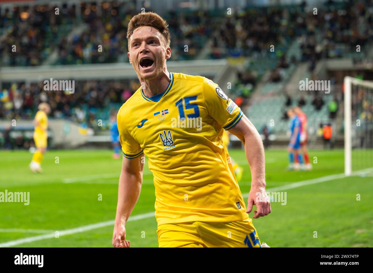 WROCLAW, POLOGNE - 26 MARS 2024 : qualifications pour l'UEFA Euro 2024. Match final Ukraine - Islande 2:1. Joie de Viktor Tsygankov après le but. Banque D'Images