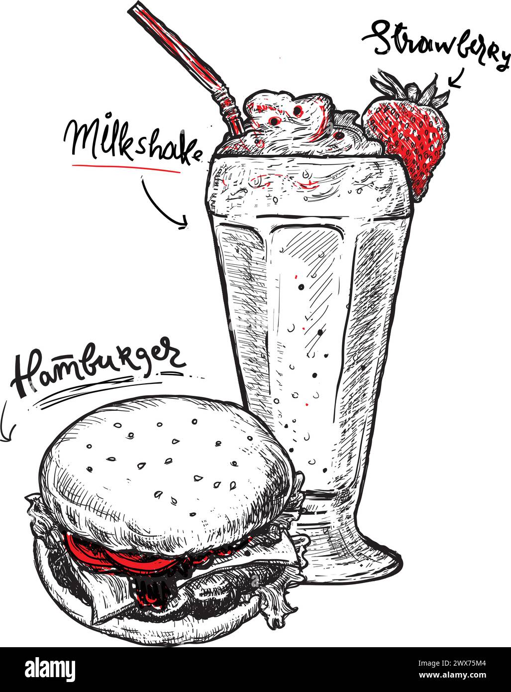 Affiche vintage de restauration rapide. Illustration dessinée à la main. Hamburger, tomates et frites isolés sur fond blanc. Affiche de restauration rapide pour votre conception Illustration de Vecteur