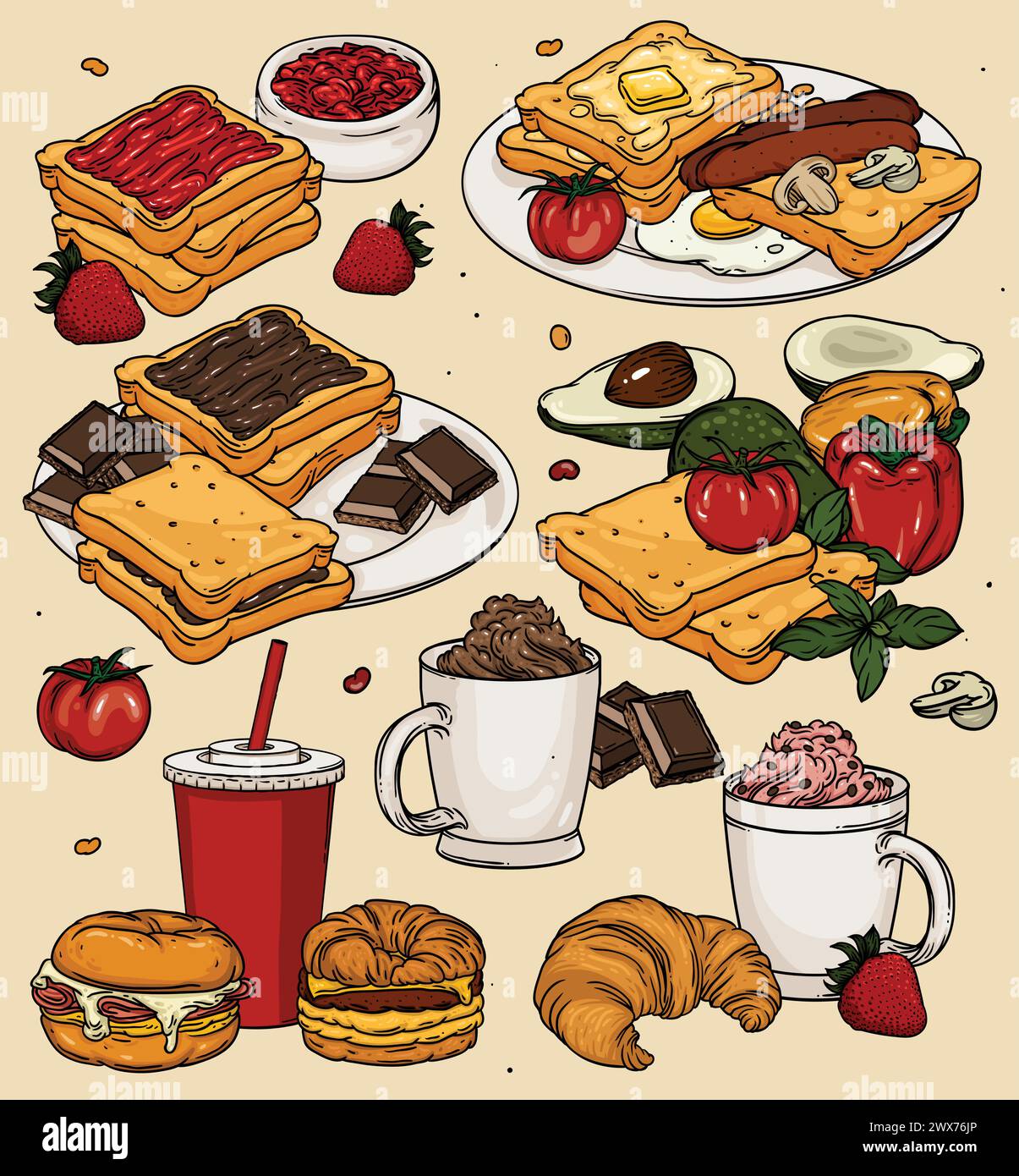 Ensemble de dessins animés de petit déjeuner classique avec œufs, pain grillé et café. Nourriture de petit déjeuner de couleur de vecteur sur fond. Petit déjeuner classique avec bacon, œufs, toasts, Illustration de Vecteur