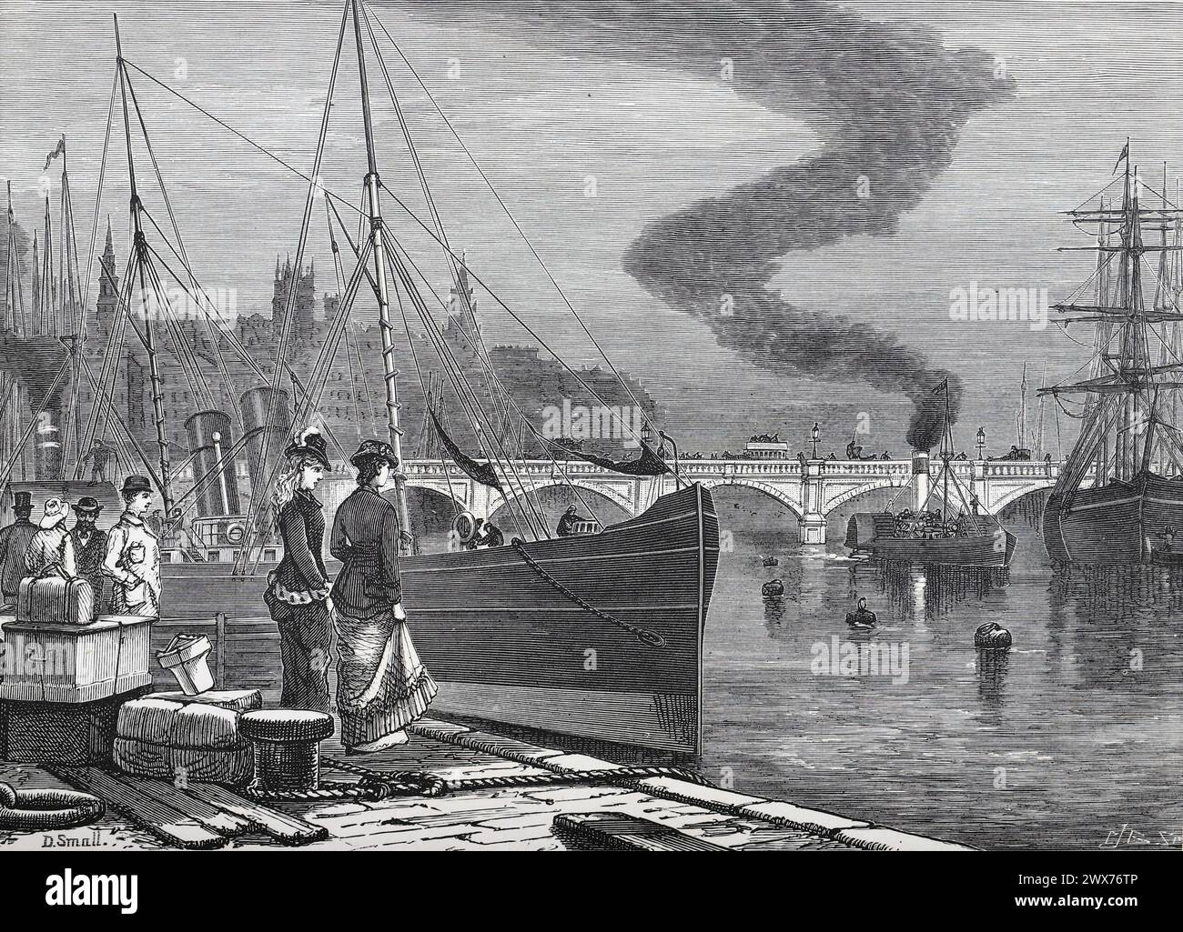 Vue de la rivière Clyde à Glasgow au 19ème siècle ; illustration en noir et blanc de « notre propre pays » publiée par Cassell, Petter, Galpin & Co. Fin du XIXe siècle. Banque D'Images