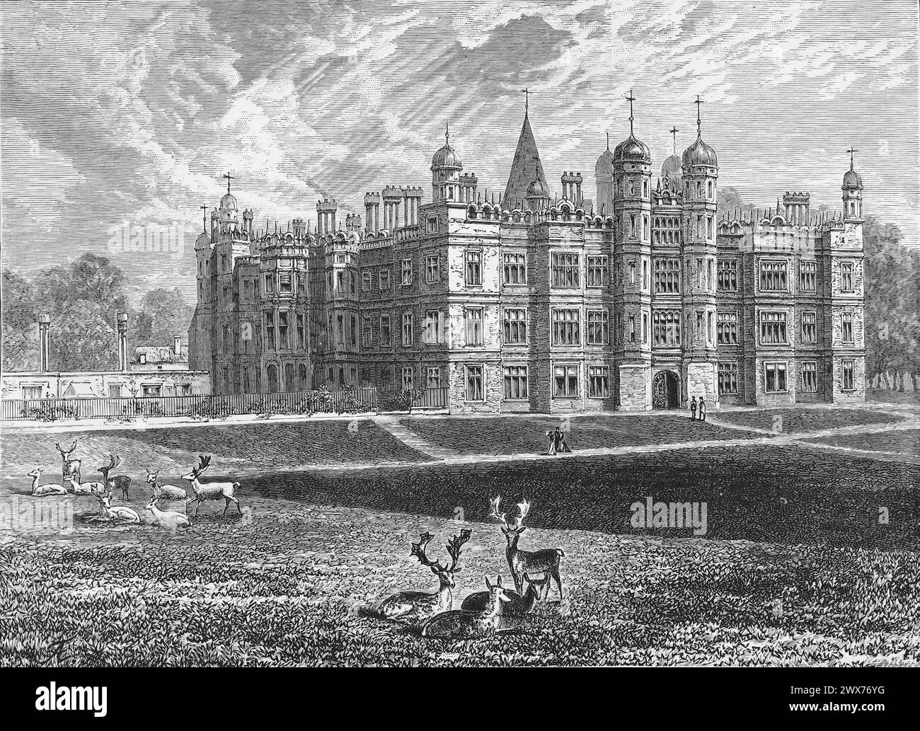 Burghley House, Stamford, Lincolnshire, au XIXe siècle. Illustration en noir et blanc de « notre propre pays » publiée par Cassell, Petter, Galpin & Co. Fin du XIXe siècle. Banque D'Images