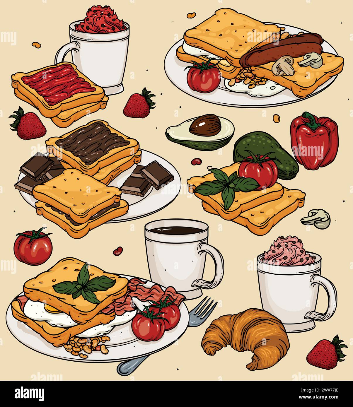 Ensemble de dessins animés de petit déjeuner classique avec œufs, pain grillé et café. Nourriture de petit déjeuner de couleur de vecteur sur fond. Petit déjeuner classique avec bacon, œufs, toasts, Illustration de Vecteur