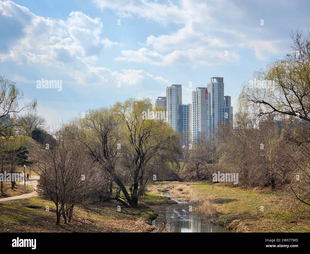 Séoul, Corée du Sud - 20 mars 2024 : parc emblématique de Séoul, Olympic Park, et le complexe d'appartements derrière Banque D'Images