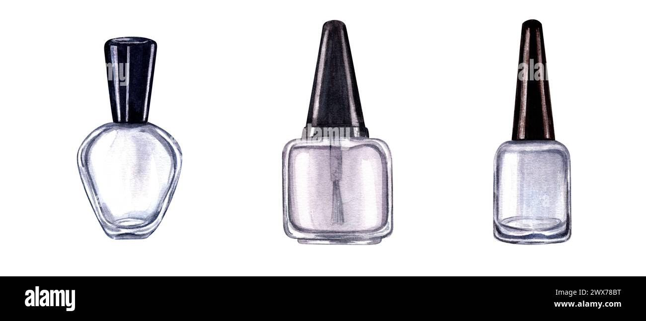 Bouteilles en verre vides pour vernis à ongles. Comme modèle pour la conception de manucure. Paquet de vernis cosmétique. Aquarelle verre brillant réaliste avec bouchon noir. Banque D'Images