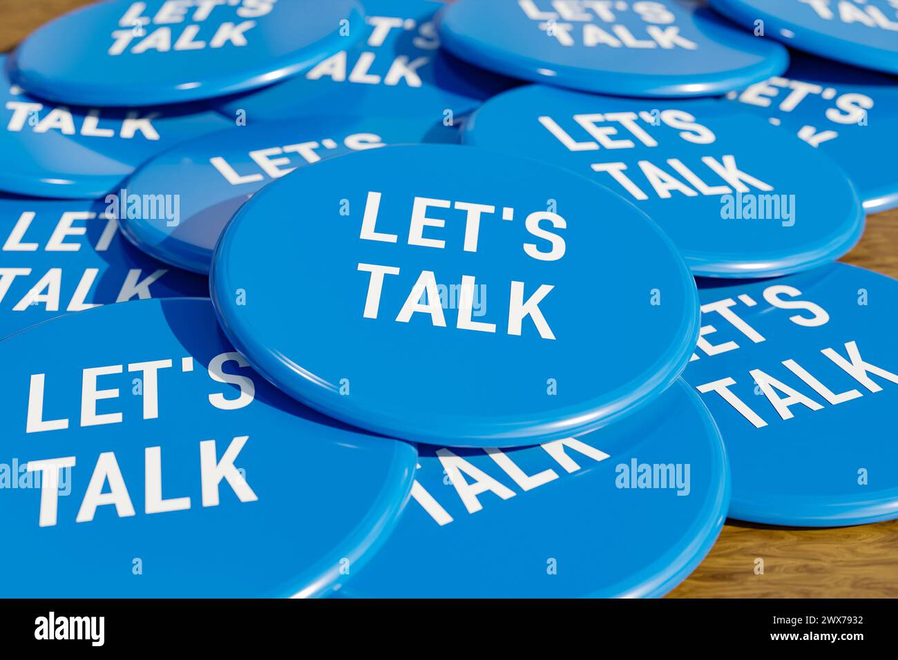 Laisse s parler. Laisse s parler. Badges Blau posés sur la table avec le message laissez s parler . Communication, discussion, discours, Talking.badge illustration 3D. Banque D'Images