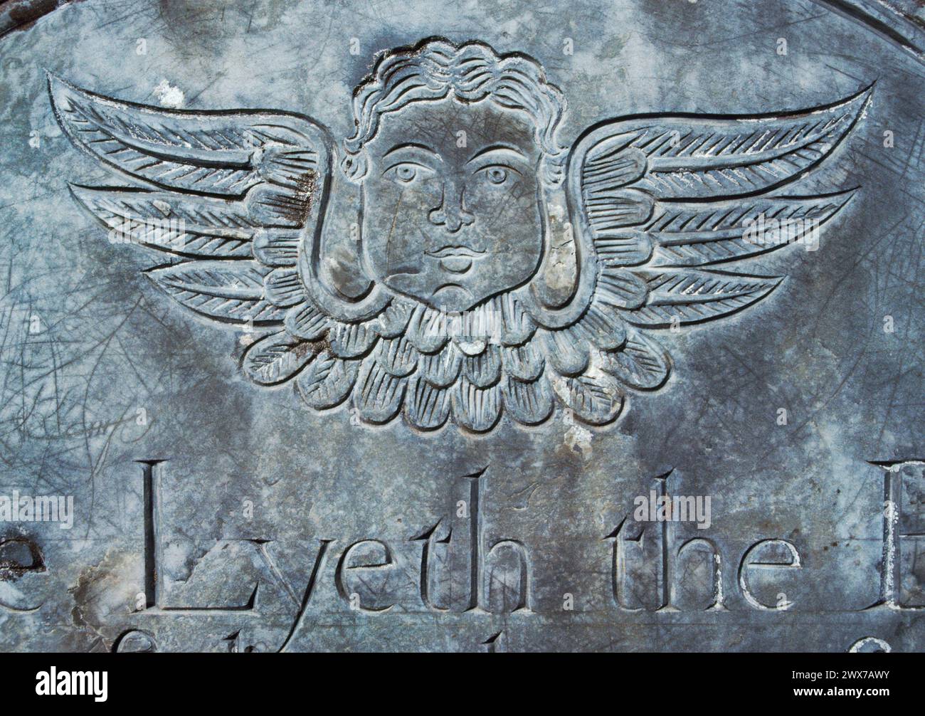 Église St James, St Kew, Cornouailles détail de la pierre tombale en ardoise C18e à Sussana Symons, montée sur le mur sud de l'église ; visage d'ange et ailes. Banque D'Images