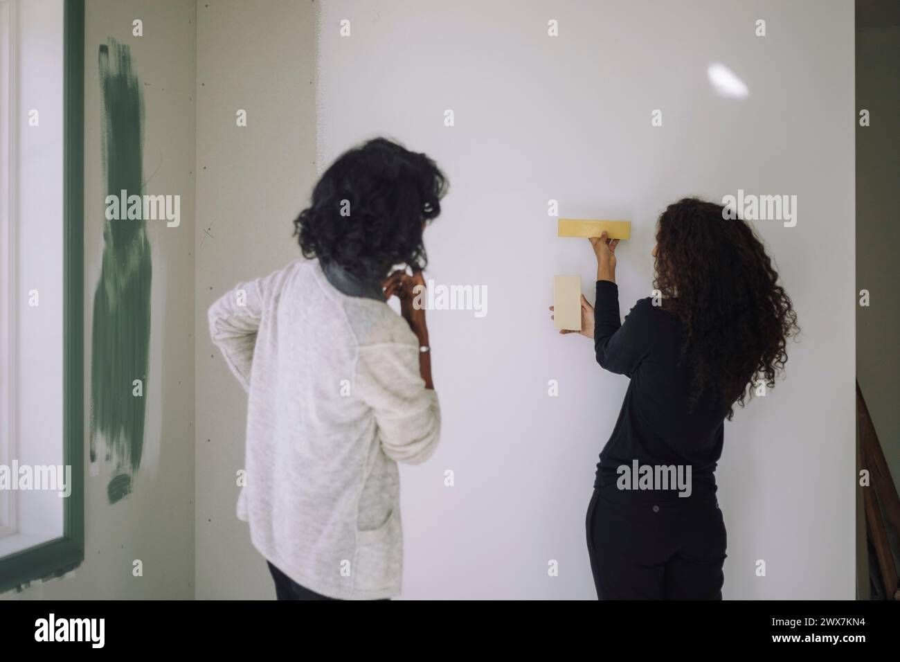 Architecte féminin montrant des échantillons de peinture murale au client tout en se tenant debout à l'appartement en construction Banque D'Images