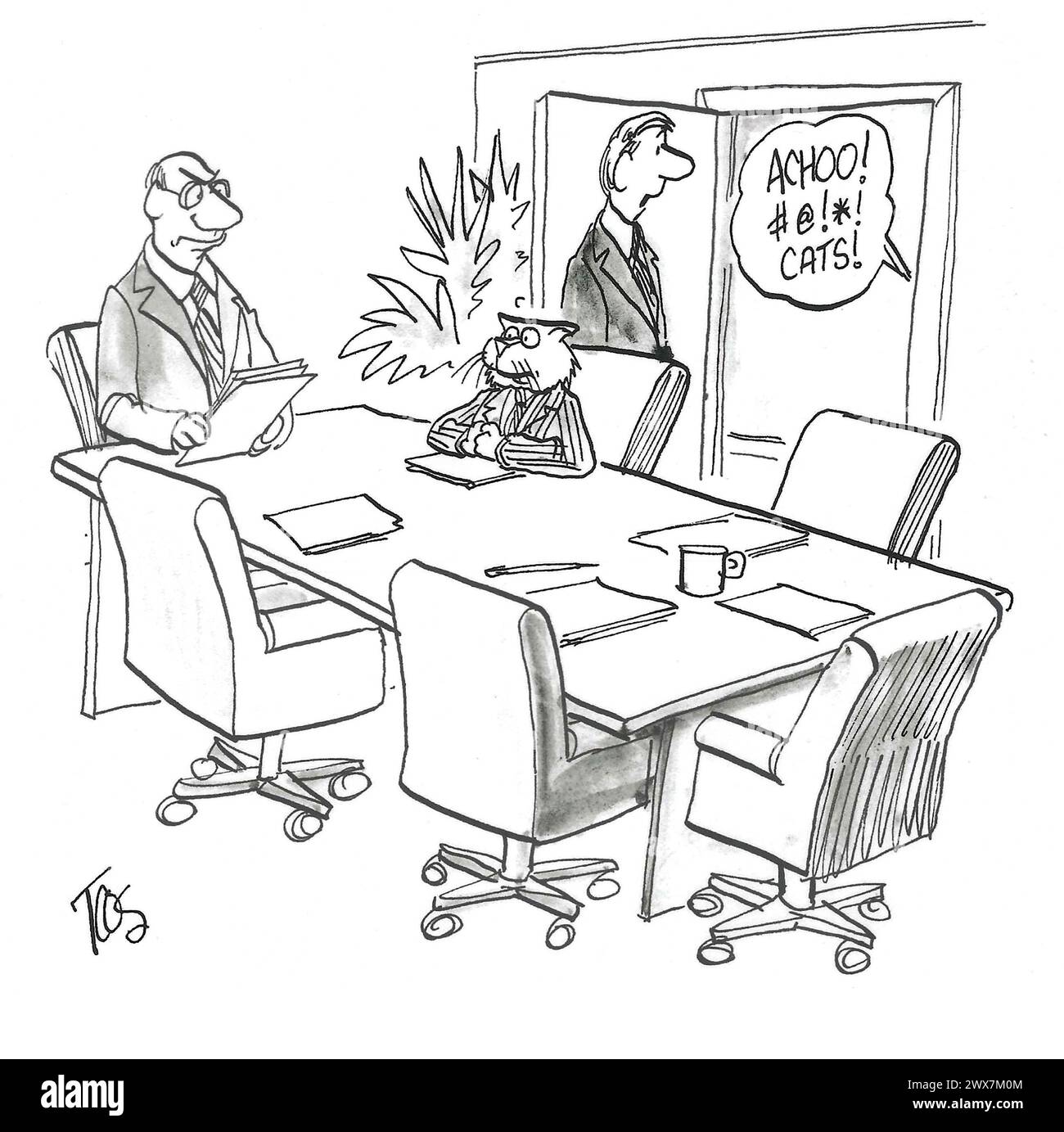 Dessin animé BW d'une équipe de travailleurs, un membre est allergique au chat de collègue. Banque D'Images