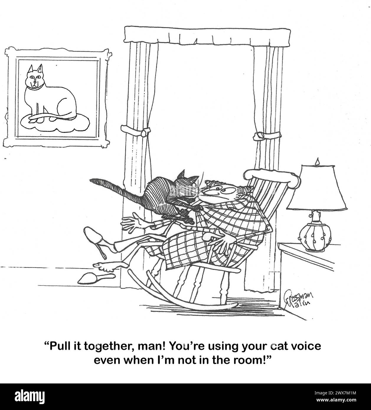 Dessin animé BW d'un chat disant à son propriétaire d'arrêter d'utiliser sa voix de chat tout le temps. Banque D'Images