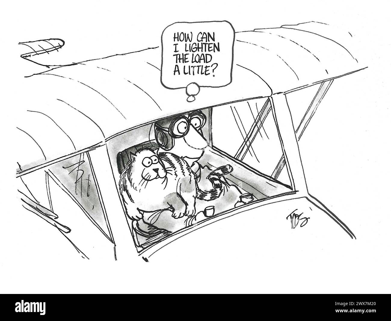 Dessin animé BW de Lindbergh ayant besoin d'alléger sa charge aérienne, il tient son chat aimant, mais en surpoids. Banque D'Images