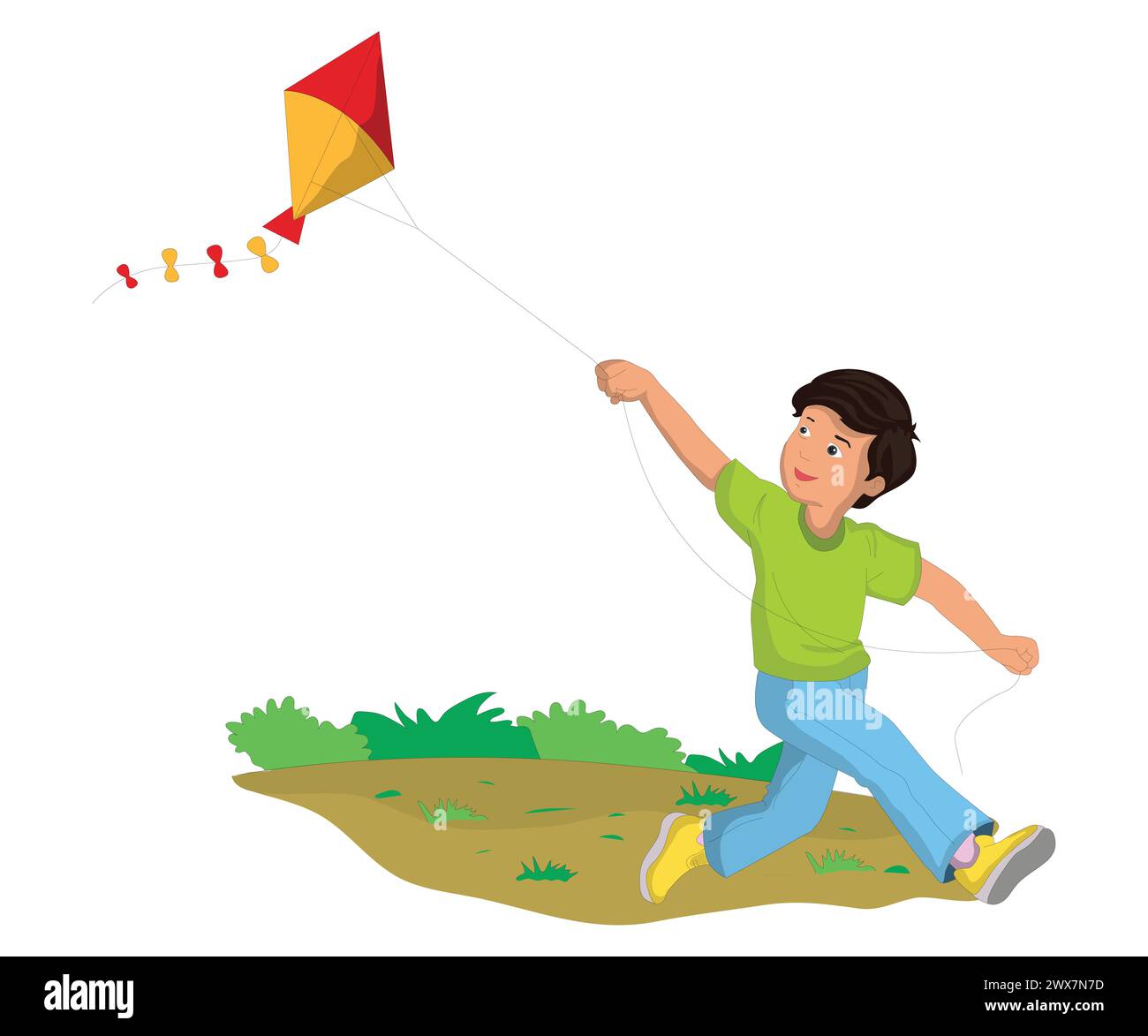 Mignon garçon volant cerf-volant dans le jardin Illustration de Vecteur