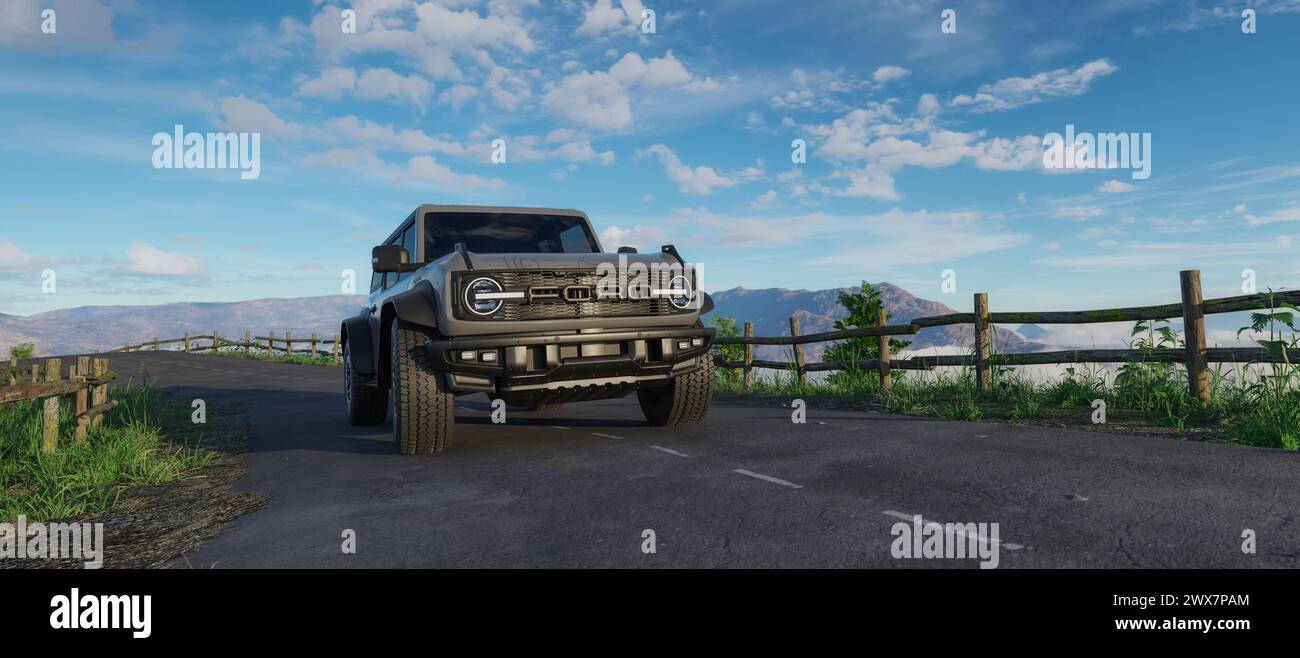 Ford Bronco Raptor sur une route avec paysage de montagne rocheux en arrière-plan. Rendu 3D. Banque D'Images