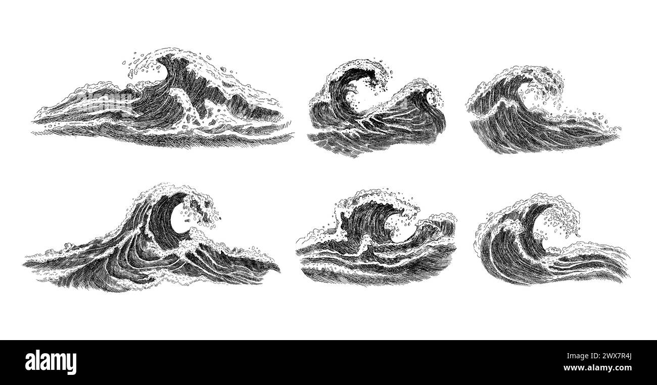 Croquis de vagues de mer. Vagues de tempête de marée d'océan dessinées à la main isolé sur fond blanc pour le surf et le paysage marin. Illustration vectorielle. Illustration de Vecteur