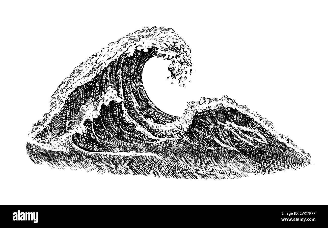 Croquis de vagues de mer. Vagues de tempête de marée d'océan dessinées à la main isolé sur fond blanc pour le surf et le paysage marin. Illustration vectorielle. Illustration de Vecteur