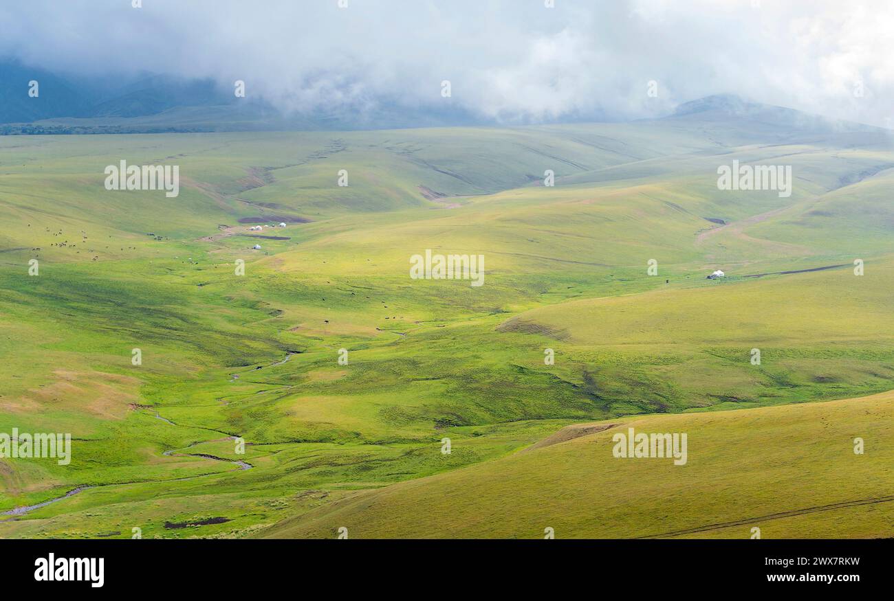 Paysage d'été avec des collines verdoyantes et ciel nuageux. Plateau Assy, Kazakhstan. Banque D'Images