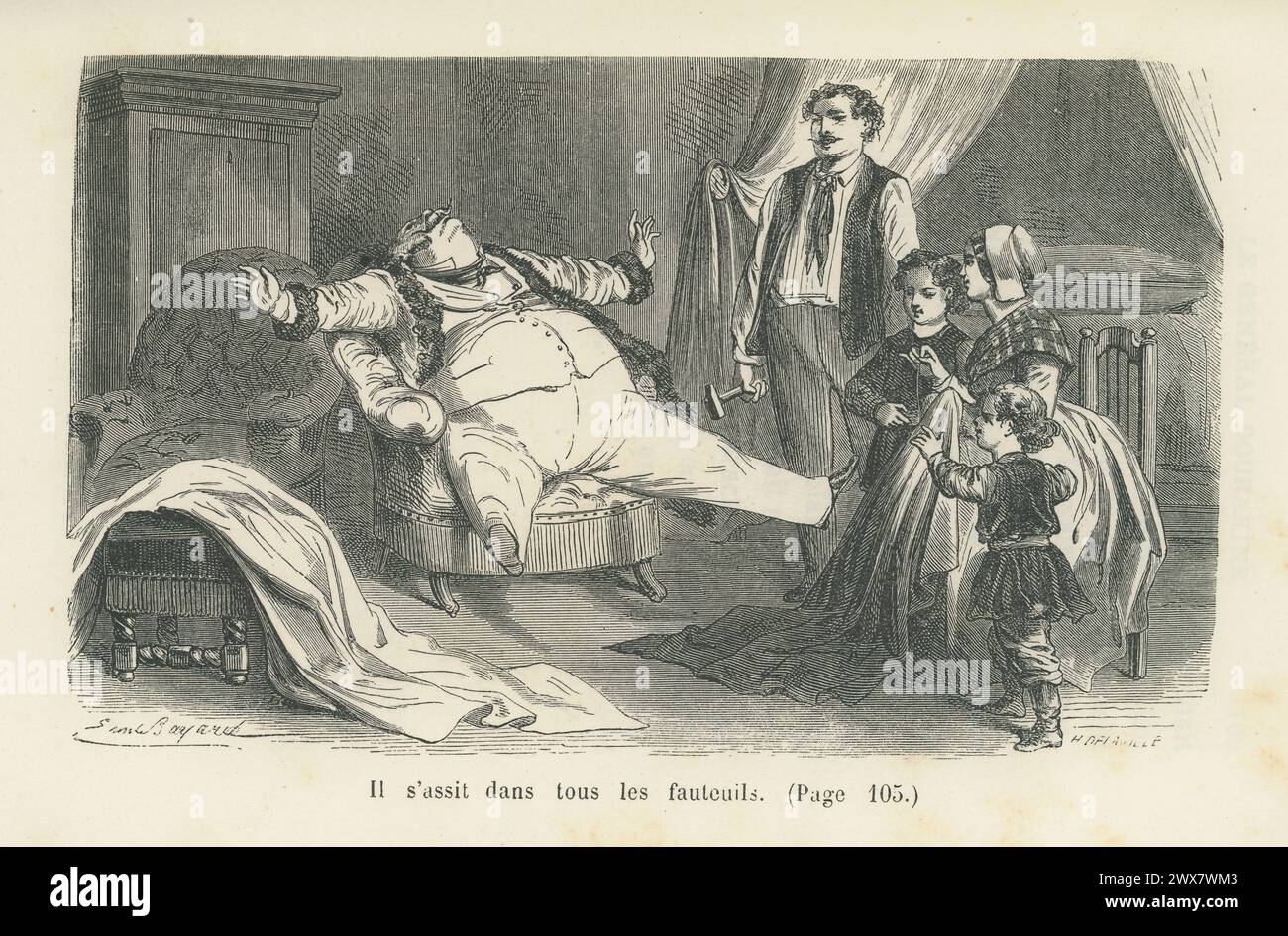 'Il s'est assis dans chaque fauteuil et a examiné tous les articles de toilette [...]'. Illustration tirée de 'le général Dourakine', écrite par la comtesse de Ségur en 1863. Édition 1884 illustrée par Emile Bayard et éditée par Hachette. Banque D'Images