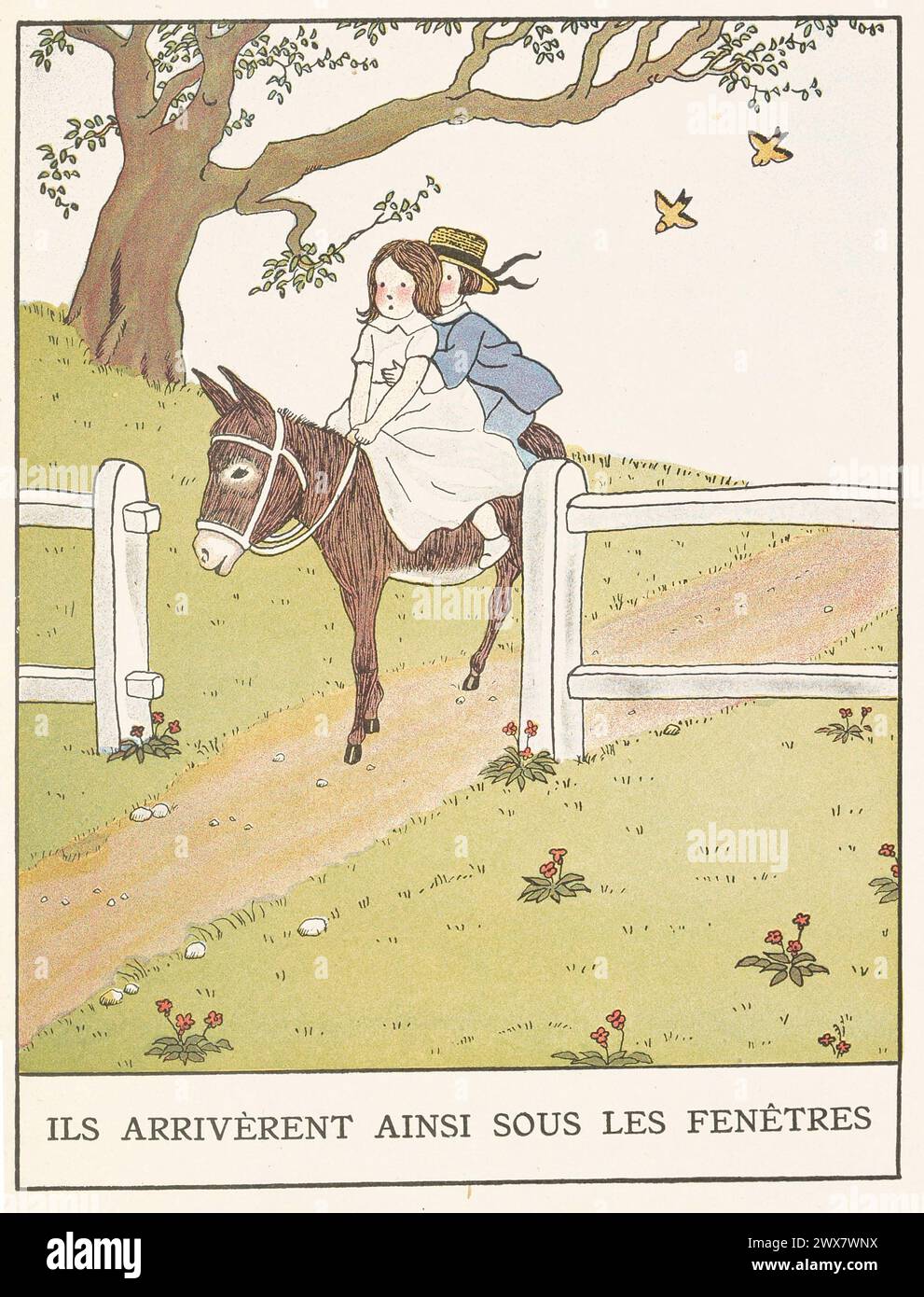'Ils ont atteint les fenêtres de Mme de Réan, qui, les voyant venir, est sortie pour mieux regarder l'âne.' Illustration tirée de 'les Malheurs de Sophie', écrite par la comtesse de Ségur. Illustré par Marie-Madeleine Franc-Nohain, publié en 1933 par Maison Alfred Mame et fils. Banque D'Images