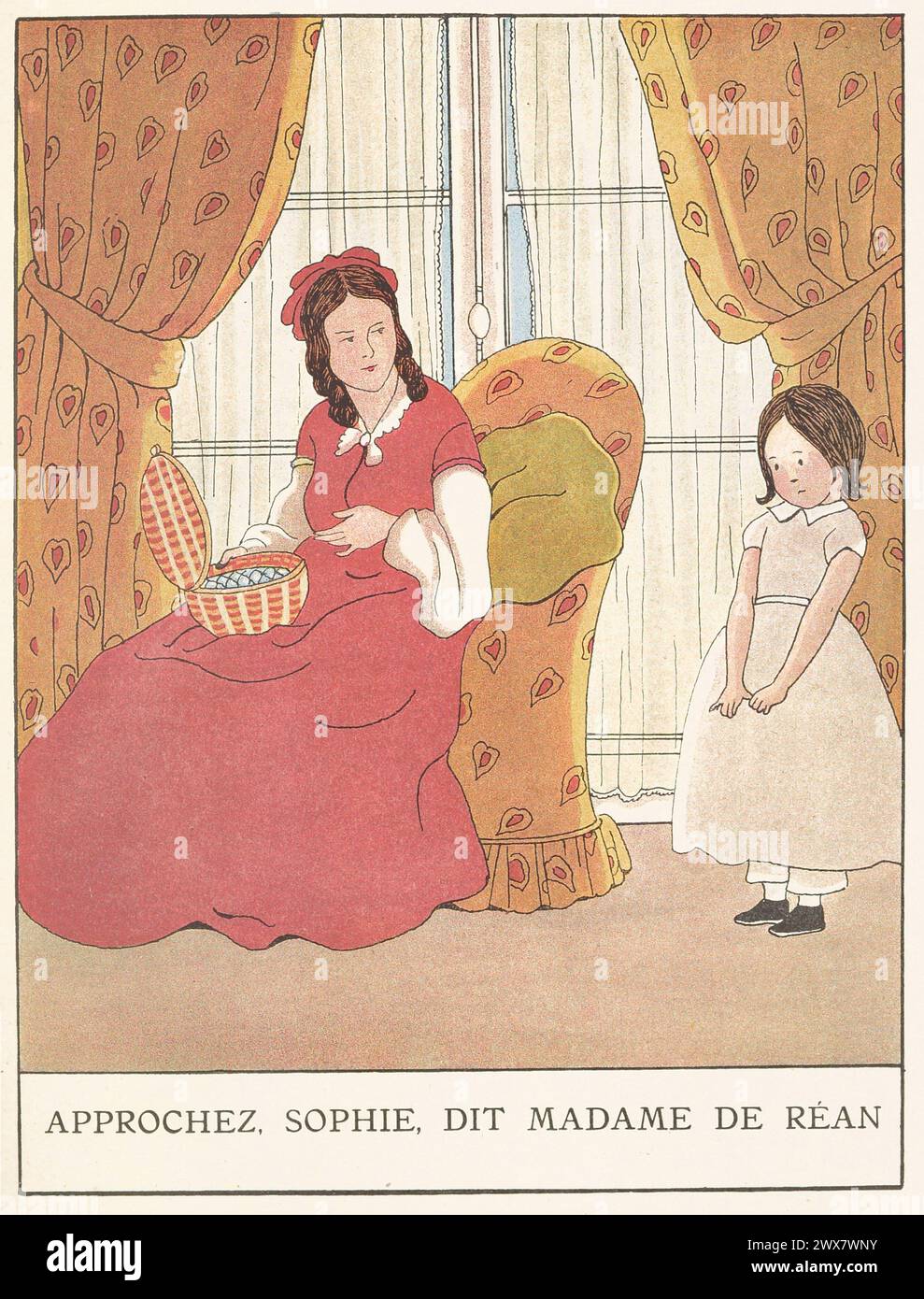 '- approchez-vous, Sophie', dit Madame de Réan, et Sophie s'approcha d'un pas lent ; ses jambes tremblaient sous elle.' Illustration tirée de 'les Malheurs de Sophie', écrite par la comtesse de Ségur. Illustré par Marie-Madeleine Franc-Nohain, publié en 1933 par Maison Alfred Mame et fils. Banque D'Images