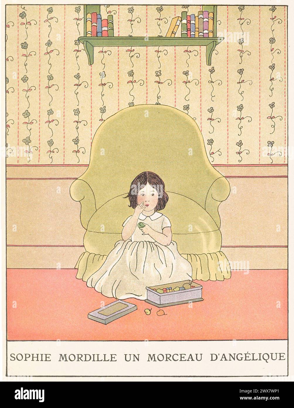 Sophie grignote un morceau d'angélique, puis un abricot, puis une prune, puis une noix, puis une poire, puis citron, mais elle ne se décide pas plus qu'avant." Illustration tirée de 'les Malheurs de Sophie', écrite par la comtesse de Ségur. Illustré par Marie-Madeleine Franc-Nohain, publié en 1933 par Maison Alfred Mame et fils. Banque D'Images